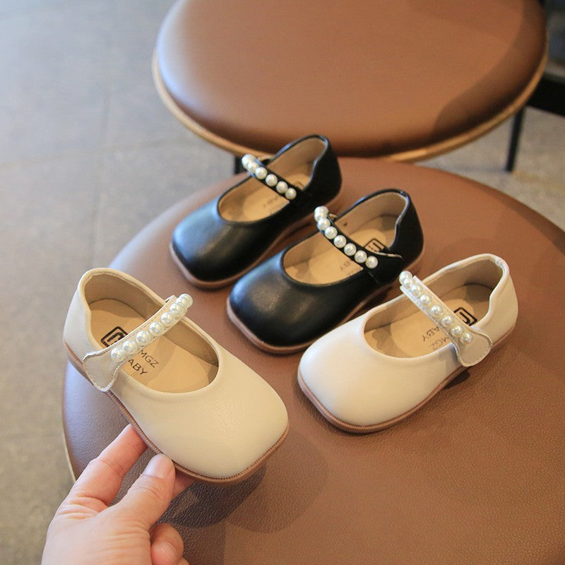 2025 New Girl's Leather Shoes Soft Sole Pearl Children Princess Shoes