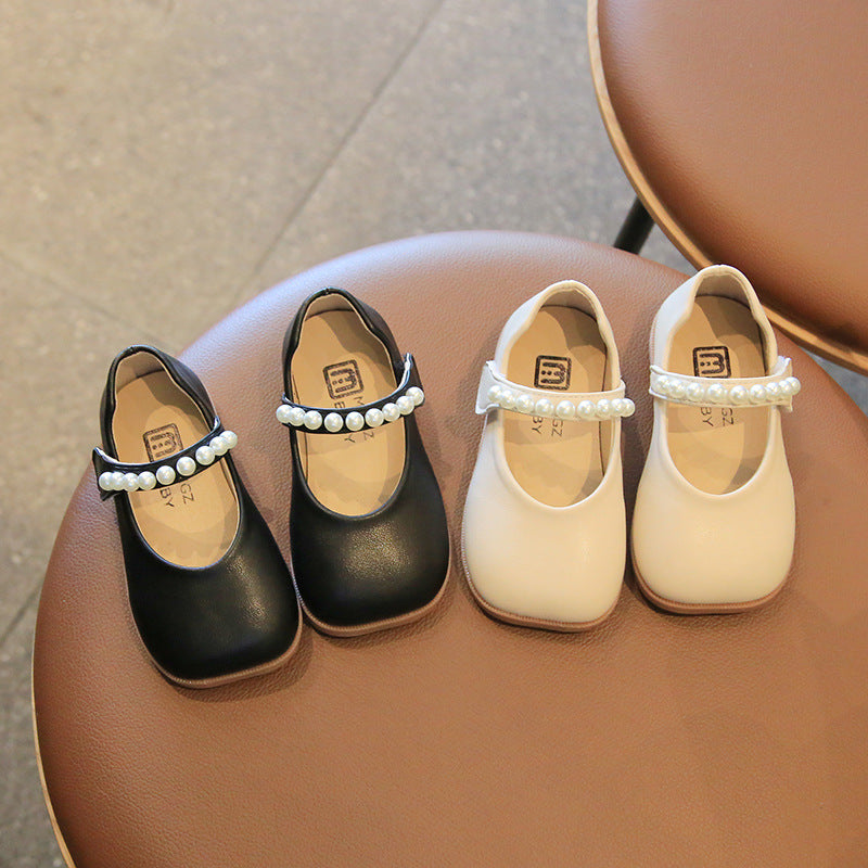 2025 New Girl's Leather Shoes Soft Sole Pearl Children Princess Shoes