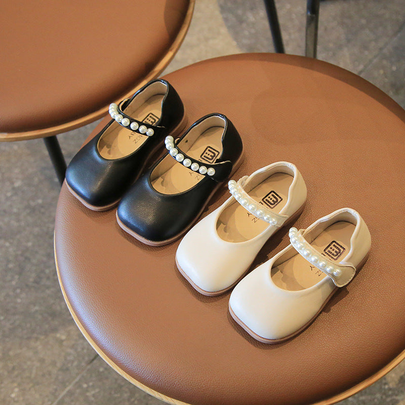 2025 New Girl's Leather Shoes Soft Sole Pearl Children Princess Shoes