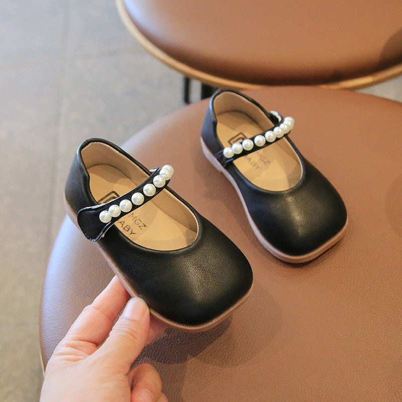 2025 New Girl's Leather Shoes Soft Sole Pearl Children Princess Shoes